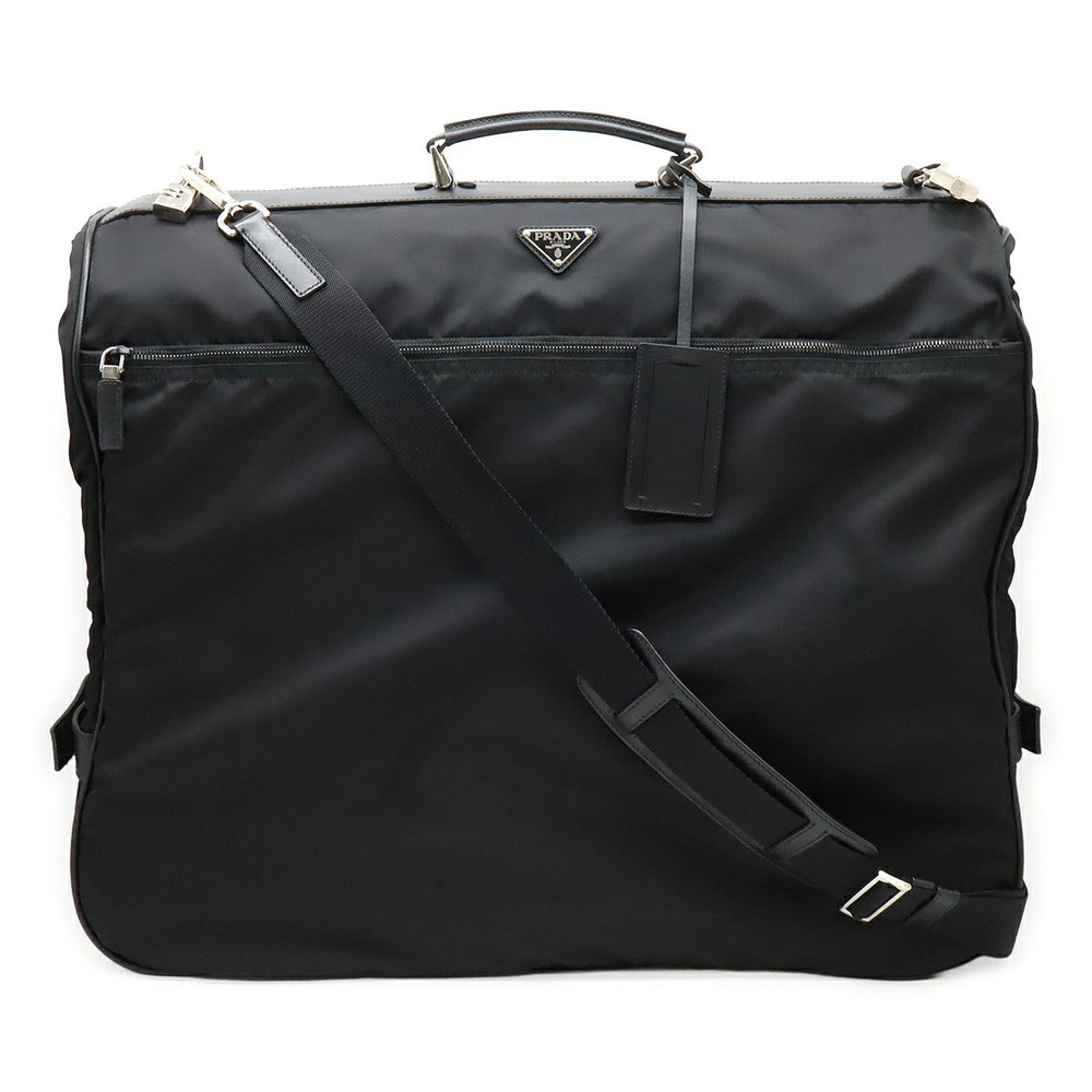 Prada garment bag suits travel handbag shoulder leather Black Nero Black